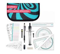 Set de géométrie PRO en trousse turquoise avec compas, règle, rapporteur et équerre - Pour école, college, bureau et université