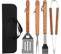 Set de grillades en acier inoxydable, 4 pièces, manches en bois, avec sac de transport