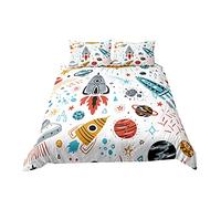 Set de Housse de Couette Enfants Bleu Blanc Dessin Animé Tracteur Voiture Train Fusée Univers Planète Graffiti Fille Garçon Microfibre Parure de Lit avec Taie d'oreiller (Multicolor 2, 140 x 200 cm)