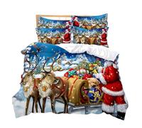 Set de Housse de Couette Noël Ensemble de Literie Père Noël Bonhomme de Neige Wapiti Nouvel Paysage Polyester Parure de lit Enfants Garçons Filles et Taie d'oreiller (Bleu Rouge 2,200_x_200_cm)
