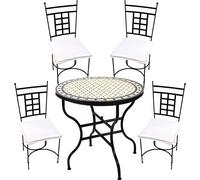 set de jardin 5 pièces Giralda Blanc Jaune Bleu 80cm Athen | table en mosaïque méditerranéenne avec 4 chaises | set de balcon & terrasse fait main | meubles en mosaïque marocaine en fer forgé