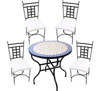 set de jardin 5 pièces Marrakech Naturel Bleu 80cm Athen | table en mosaïque méditerranéenne avec 4 chaises | set de balcon & terrasse fait main | meubles en mosaïque marocaine en fer forgé