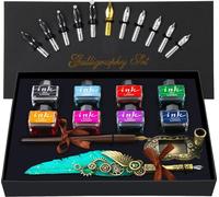 Set de luxe de stylos de calligraphie avec stylo Quill, stylo de trempage en bois, 8 bouteilles d'encre, 13 plumes en acier inoxydable, porte-plume