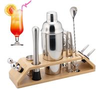 Set de mixage en acier inoxydable, 12 pièces, support en bambou de forme trapézoïdale, 750 ml, shaker, shaker à cocktail, gobelet, ustensiles de bar
