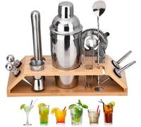 Set de mixage pour bar à domicile avec support en bois - Set de mixage en acier inoxydable 12 pièces pour un usage domestique ou professionnel