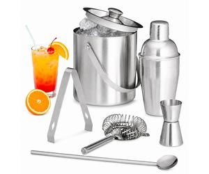 Set de mixologie 7 pièces, pour les barmen amateurs, comprenant un shaker avec passoire, une pince à glaçons, un tamis de bar, un doseur, un seau à glace et une cuillère
