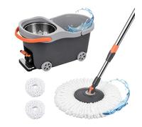 Set de Nettoyage Relaxdays, Seau 16 L avec essoreuse, Chariot à pédale, 29,5x30x50 cm, 2 têtes Microfibre, Gris