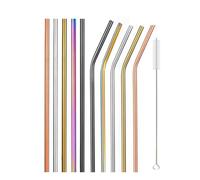 Set De Pailles En Acier Inoxydable Paille métallique réutilisable en acier inoxydable 304, ensemble de pailles à boire avec brosses nettoyage, droites et courbées