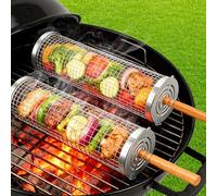 Set de Panier de Barbecue en Acier Inoxydable avec Poignée en Bois - 2 Paniers de Cuisson Tournants et Pliables, 31x10cm + 30x9cm, pour Légumes, Viande, Poisson sur Grill et Feu de Camp