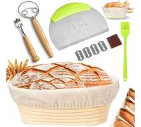 Set de paniers de fermentation ovale,(ø25cm),9 PCS Banneton Proof Basket Set,en paniers à pain au levain de style français,100% rotin naturel,avec racloir à pâte,linge en lin& couteau de boulanger,Idé