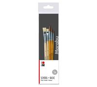 Marabu Kit de pinceaux Basic + School – 5 pièces, 2 plats & 3 ronds, bois certifié FSC