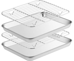 Set de plaques à pâtisserie en acier inoxydable avec grille de refroidissement, 26,5x20,5x2,5cm - 4 pièces, anti-adhésif, facile à nettoyer