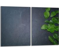 Set de plaques de recouvrement pour cuisinière 2x40x52 cm Couvercle pour plaque vitrocéramique, verre anti-projections, ardoise feuillage