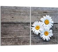 Set de plaques de recouvrement pour cuisinière 2x40x52 cm Couvercle pour plaque vitrocéramique, verre anti-éclaboussures, pâquerettes en bois