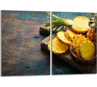 Set de plaques de recouvrement pour cuisinière 2x40x52 cm Couvercle pour plaque vitrocéramique, verre anti-éclaboussures, ananas bois