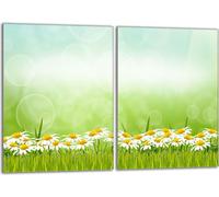 Set de plaques de recouvrement pour cuisinière 2x40x52 cm Couverture de la plaque vitrocéramique en verre Protection contre les éclaboussures, marguerite verte