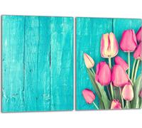 Set de plaques de recouvrement pour cuisinière 2x40x52 cm Couverture de la plaque vitrocéramique, verre anti-projections, tulipes turquoise