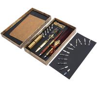 Set de plumes d'écriture anciennes, comprenant une plume calligraphique, une plume d'oie et 5 pointes de rechange, de couleur rouge vin