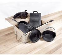 Set de poêles en fonte dans un coffret en bois - 9 pièces - Grille de cuisson - Poêles en fonte - Déjà culottées