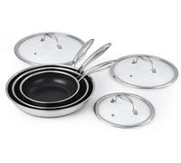 Set de poêles - Set de 3 poêles - Acier inoxydable 304 - Fond triple épaisseur - Revêtement antiadhésif - Compatible induction - Couvercle en verre - 20/25/30 cm
