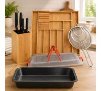 Set de préparation en bambou (4 pièces) – Boîte à gâteaux, bloc à couteaux, tamis et plateau à couverts