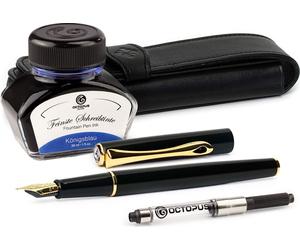Set de recharge Diplomat Traveller Laque Noir Or avec étui en cuir, encre de bureau et convertisseur d'encre, épaisseur M