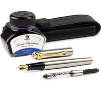 Set de recharges Diplomat Traveller en acier inoxydable plaqué or avec étui en cuir, encre de bureau et convertisseur d'encre, épaisseur M