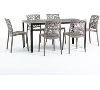 Set de salle à manger d'extérieur avec table rectangulaire 156x78 cm et 6 chaises empilables en résine renforcée de fibres de verre - design moderne imitation bois, idéal pour le jardin, la terrasse e