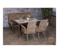 Set de salle à manger HWC-G55, set de 2 chaises avec accoudoirs+banc 160cm, inox brossé tissu/textile chenille brun