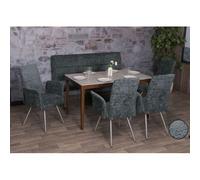 Set de salle à manger HWC-G55, set de 4 chaises avec accoudoirs+banc 160cm, inox brossé tissu/textile chenille bleu-vert