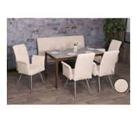 Set de salle à manger HWC-G55, set de 4 chaises avec accoudoirs+banc 160cm, inox brossé tissu/textile chenille crème