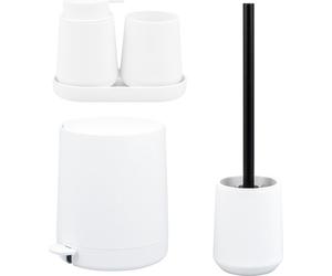 Set de salle de bain eluno TESERO 5 pièces avec distributeur de savon, gobelet, coupelle, poubelle cosmétique 4 litres et ensemble WC en plastique blanc