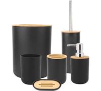 Set de salle de bain en bambou 6 parties - Complet avec savon, porte brosse à dents, bouteille de lotion et brosse à toilette