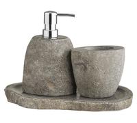 Set de salle de bain Gara en pierre de rivière — distributeur, porte-objets et plateau