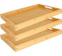 Set de service en bambou, forme droite - 3 pièces - poignées - 35 x 25 x 3 cm - pour boissons, petit-déjeuner et accessoires de cuisine