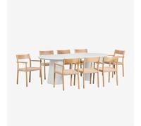 Set de table ovale 220x95 cm en ciment Noemi et 8 chaises de salle à manger en bois de chêne et corde tressée Mara