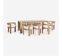 Set de table rectangulaire 220x100 cm en bois d'acacia Mirelen et 8 chaises de salle à manger en bois d'acacia et tissu bouclé K Acacia Marron Clair