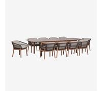 Set de table rectangulaire extensible Duala 250-310x105 cm et 10 chaises de salle à manger en bois d'acacia et corde tressée Kar Brun Acacia