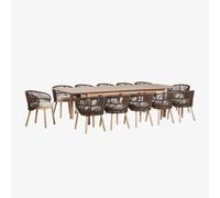 Set de table rectangulaire extensible Duala 250-310x105 cm et 12 chaises de salle à manger en bois d'acacia et corde tressée Cap Marron Chocolat