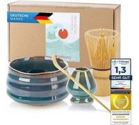 Set de thé matcha Deluxe 4 pièces pour la cérémonie traditionnelle japonaise du thé – Comprend une tasse à thé, un fouet en bambou, une cuillère doseuse et un support pour fouet