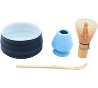 Set de thé matcha japonais comprenant un bol, un kom, un support en bois et une cuillère en bambou pour la cérémonie traditionnelle du thé