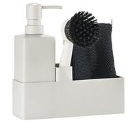 Set de vaisselle, égouttoir avec distributeur de savon, torchon et brosse à vaisselle, 19 x 6 x 20,5 cm, lot de 4 pièces, gris chaud (gris)
