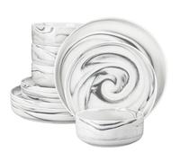 set de vaisselle en porcelaine marbrée de 24 pièces, écologique, lavable au lave-vaisselle et au micro-ondes, LUNA-12-GREY