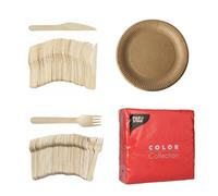 Set de vaisselle jetable - 50 assiettes en carton, couverts en bois et serviettes 32x32cm