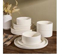 Set de vaisselle, service en porcelaine 12 pièces pour 4 personnes, avec assiettes et bols, Crème Service pour 4 SALADIER
