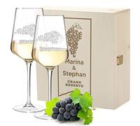 Set de vin 3 pièces avec gravure personnalisée - Motif raisins - 2 verres à vin blanc Leonardo Puccini 560 ml, 1 boîte en bois - durable - Boîte en bois - Boîte en bois - Cadeau d'anniversaire
