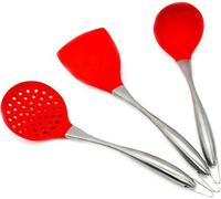 Set de wok, 34 cm, rouge, en acier inoxydable, avec spatule et cuillère