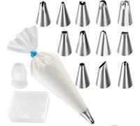 Set Décoration Gâteaux avec 12 Embouts Inox, Sac à Pâtisserie Réutilisable 31 cm et Coupleur, Accessoires pour Crème, Glaçage, Cupcakes et Desserts
