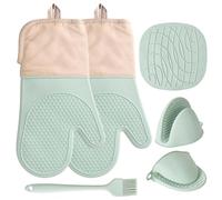 Set di 6 Guanti da Forno e Presine da Cucina Silicone Antiscivolo, Guanto Forno Cucina Alta Temperatura Fino a 230°C, 33.5cm Estesi Guanti Resistenti al Calore per Cucinare/Grigliare/Cuocere (Verde)