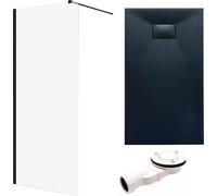 SET Douche à l'italienne 100x195 + Receveur 80x100 Rectangle Transparent Durci 8 mm Nano Verre Noir Aspect Pierre SMC Siphon inclus | BADLAND KETIL VIDAR